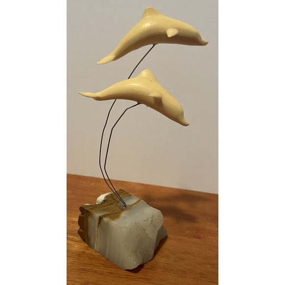 Marvin Wernick Kinetic 2 Dolphins on Wire Statue 1974 Quartz Marble Base Vintage - Picture 6 of 7